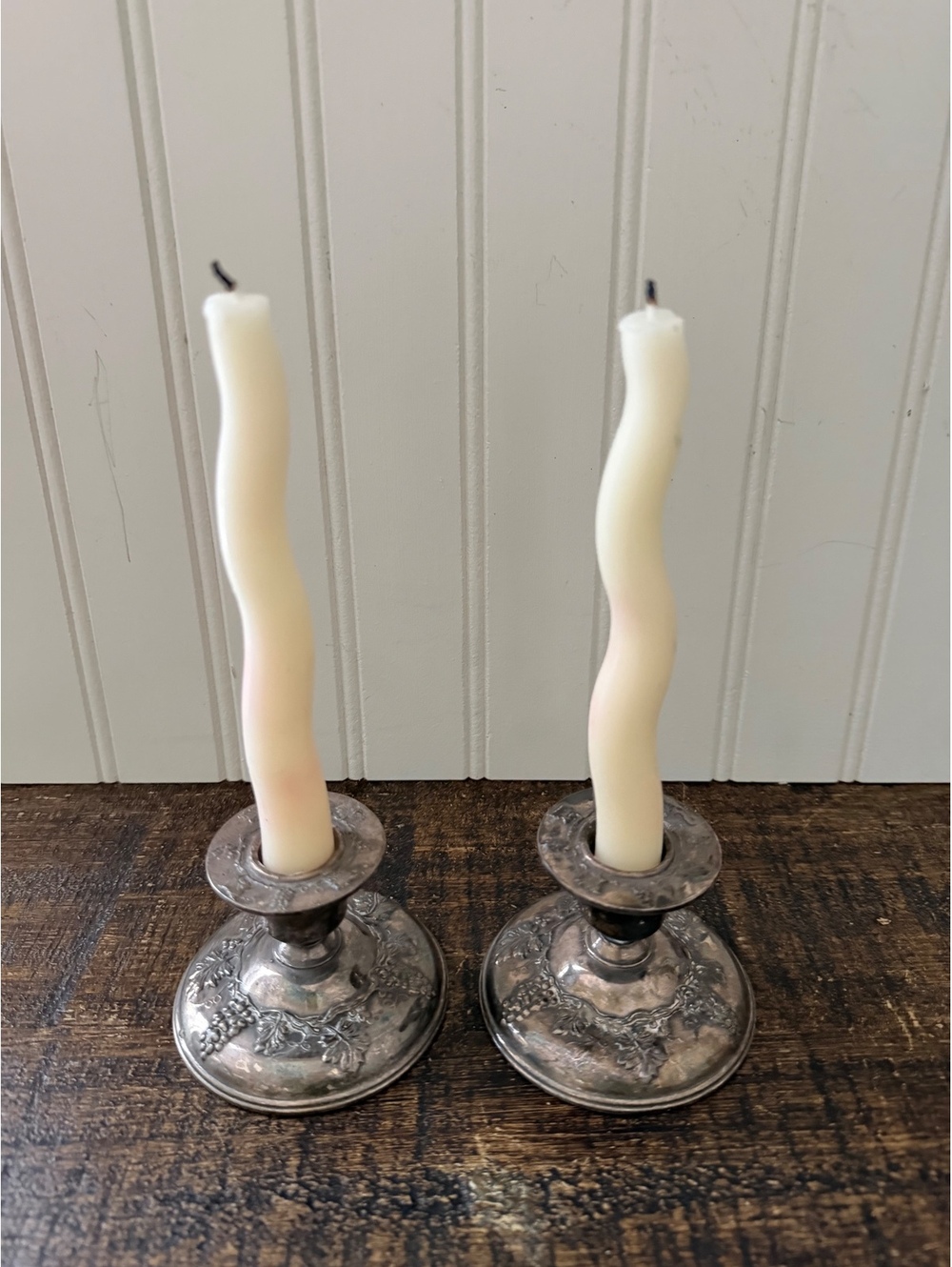 Vintage Silver Plated Grapevine Candlesticks Pair EP Lead 108 Mid Century Deco